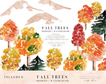 Watercolor Fall Mountain Clipart, Fall Maple Trees Forest Clipart, Autumn Rustic Woodland Camping Graphics, Vermont Wedding Thanksgiving
