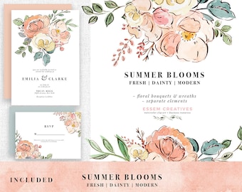 Blush Pink Peach Floral Clipart, Line art flowers Peony Roses Watercolour Clipart,  Border Digital Graphics, Summer Boho Wedding Invitation