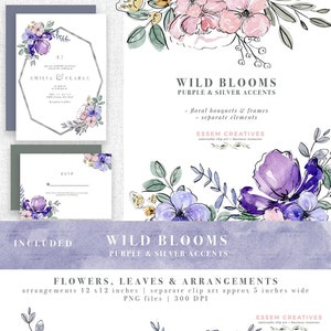 Imágenes Prediseñadas florales púrpuras, flores de arte de línea de acuarela púrpura y plata, gráficos digitales de borde de flores silvestres de anémona, invitación de boda Boho