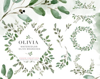 Watercolor Olive Branch Clipart, Eucalyptus Leaves Wreath Clipart, Rustic Greenery Wedding Clipart, Logo Branding, Leaf Border Graphics PNG