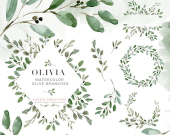 Watercolor Olive Branch Clipart, Eucalyptus Leaves Wreath Clipart, Rustic Greenery Wedding Clipart, Logo Branding, Leaf Border Graphics PNG