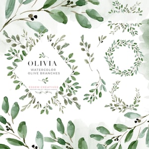 Acquerello ramo d'ulivo Clipart, Eucalyptus Leaves Wreath Clipart, Rustic Greenery Wedding Clipart, Logo Branding, Leaf Border Graphics PNG