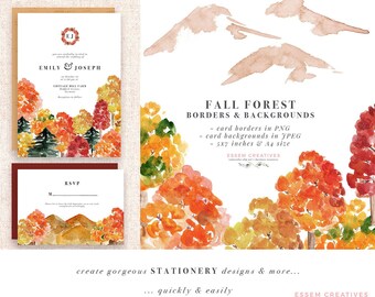 Fall Foliage Trees Clipart Forest Card Background, Rustic Woodland Sublimation PNG Digital Papers for Wedding Birthday Invitation Template