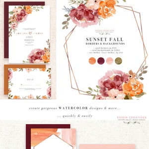 Orange Blumen Bordüren Aquarell Hintergründe, Herbst rustikale Thanksgiving Clipart, Herbst Blumen Clipart Burnt Orange Vintage Hochzeitseinladung