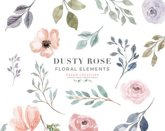 Dusty Rose Watercolor Flowers Clipart, Vintage Floral Clipart, Rustic Branch Leaves Greenery Clipart PNG Graphics, Anemone Wedding Clip Art