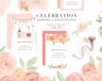 Celebration Party Borders Backgrounds, Peach Pink Floral Watercolor Card Template, Wedding Birthday Bridal Baby Shower Party Invitation PNG