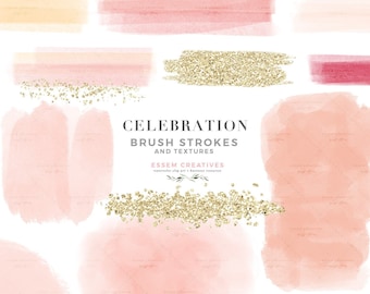 Watercolor Brush Strokes Textures Clipart, Blush Pink Peach Gold Watercolor Background Clip Art, Glitter Confetti, Digital Planner Stickers