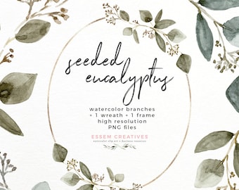 Watercolor Eucalyptus Clipart PNG, Greenery Wreath Frame Graphic, Watercolor Green Leaf, Woodland Party Invite, Bohemian Gift Favor Sign Tag