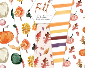 Pumpkin Fall Leaves Digital Paper Pack, Watercolor Autumn, Thanksgiving Scrapbook,  Fall Planner Sticker, Seamless Pattern, Fabric Backdrop