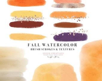 Fall Watercolor Brush Strokes Clipart, Splashes Textures, Burgundy Blush Orange Yellow Gold Glitter Confetti Digital Planner Sticker Graphic