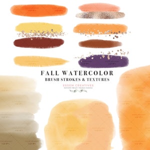 Automne Aquarelle Coups de pinceau Clipart, Éclaboussures Textures, Bourgogne Blush Orange Jaune Or Paillettes Confetti Digital Planner Sticker Graphique