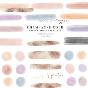 Bleke Champagne gouden penseelstreken clipart, gedempte neutrale aquarel verf etiketten illustraties, onverzadigde Washi tape digitale planner stickers