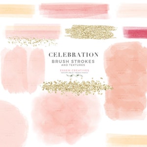 Clipart di texture di tratti di pennello acquerello, clipart di sfondo acquerello rosa pesca oro, coriandoli glitter, adesivi pianificatore digitale