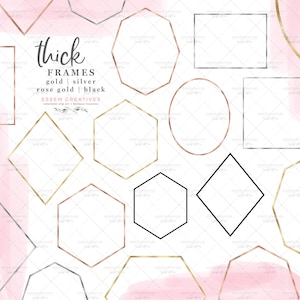 Imágenes prediseñadas de marcos geométricos de oro grueso, gráficos modernos de marcos de lámina de oro rosa negro plateado, etiquetas cricut de forma ovalada cuadrada octágono hexagonal PNG