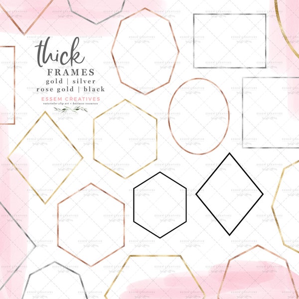 Thick Gold Geometric Frames Clipart, Modern Silver Black Rose Gold Foil Frames Graphics, Hexagon Octagon Square Oval Shape Cricut Labels PNG