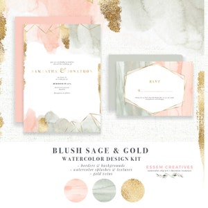 Op de afbeelding: Waterverf bruiloft uitnodigingsontwerpset met zachtroze, saliegroen en gouden accenten. De set bevat randen, achtergronden, waterverf spatten, texturen en gouden aderen. De tekst op de uitnodiging luidt "Samantha & Jonathon" en "RSVP".