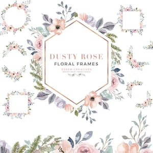 Watercolor Floral Frames Clipart, Dusty Rose Flower Border Clipart, Dusty Blue Clipart PNG, Vintage Rustic Wedding Invitation Logo Graphics