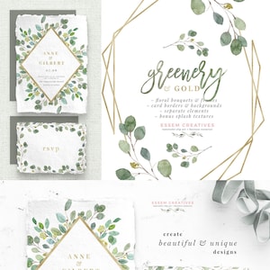 Aquarell Eukalyptus Clipart, Blätter Kranz Clipart, Goldfolie Geometrische Rahmen PNG, Grün und Gold Garten im Freien Hochzeitseinladung