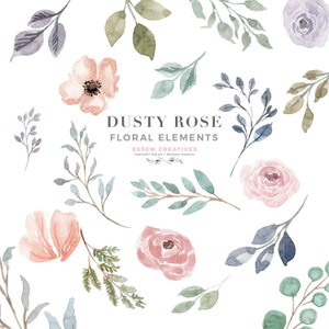 Staubige Rose Aquarell Blumen Clipart, Vintage Blumen Clipart, rustikale Zweig Blätter grün Clipart PNG Grafiken, Anemone Hochzeit Clip Art