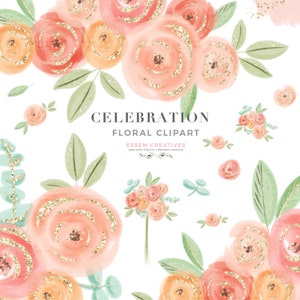Pêche rose aquarelle Floral Clipart, mignon fleurs lunatique Clip Art, menthe corail bébé enfants fête d’anniversaire douche carte Digital Graphics