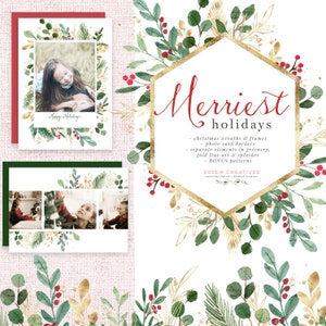 Aquarel kerst clipart, kerst fotokaart sjabloon, vakantie illustraties, winter groen PNG Holly Jolly krans, feestelijk digitaal papier