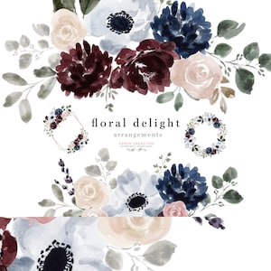 Aquarelle Fleurs Clipart, Clipart Floral, Bouquet Floral Couronne Cadre de bordure PNG, Dusty Blue Navy Bourgogne Impression numérique Fond