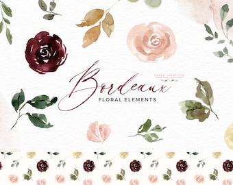Burgundy Watercolor Floral Clipart, Fall Flowers Clip Art, Separate Rustic Peonies Roses Marsala Maroon Peach Scrapbook Decor Digital Floral