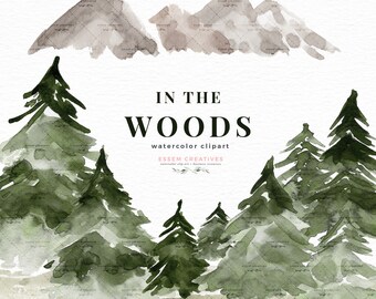 Watercolor Forest Clipart, In the Woods Clip art, Conifers Pine Trees Mountains Hills Rustic Woodland Graphics, Outdoor Nature Landscape PNG