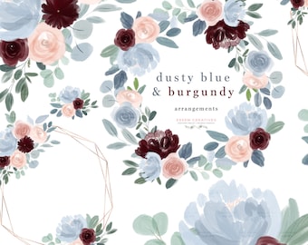 May include: Watercolour floral arrangements in dusty blue and burgundy colours. The arrangements feature roses, peonies, and eucalyptus leaves. The text "dusty blue & burgundy arrangements" is written in the centre of the image.