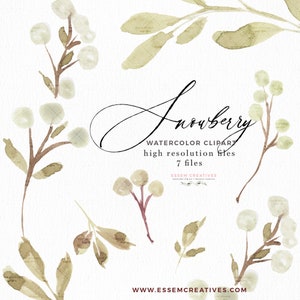 Snowberry Clipart, Watercolor Christmas Clipart, Winter Berries Leaves Branch Clip Art, Festive Graphics for Cards Invitations Logo Branding