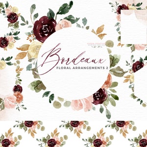 Bourgondische aquarel bloemen clipart, herfstbloemen illustraties, rustieke pioenrozen rozen Marsala kastanjebruine perzik geometrische frame krans scrapbook decor
