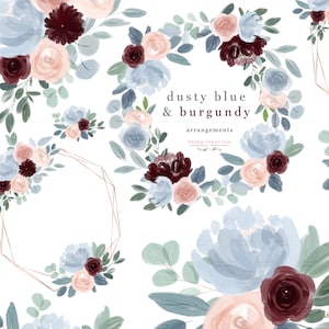 Dusty Blue Burgundy Aquarelle Fleurs Clipart, Automne Floral Bouquet Bouquet Cadre Graphiques, vintage Rustique Invitation de mariage Logo Scrapbook