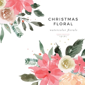 Clipart floral de Natal em aquarela, clipart de férias, clipart de poinsétia, clipart de flores de inverno, clipart de guirlanda de Natal digital festivo