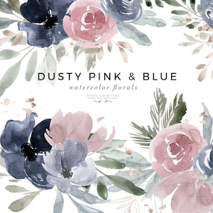 Clipart de aquarela floral rosa e azul empoeirado, bordas de molduras de flores para cartões PNG, gráficos de logotipo de convite de casamento rústico vintage de inverno