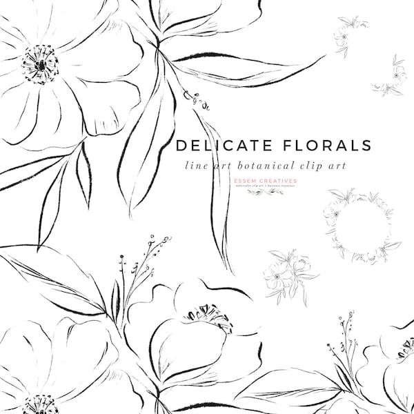 Delicate Line Art Floral Clipart Illustration, Botanical Flowers Leaves Graphics, Dainty Fine Art Frames, Digital Wreath PNG Floral Clipart