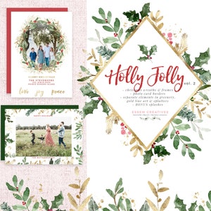 Clipart di Natale dell'acquerello, ClipArt di vacanza, Bordo della cartolina fotografica di Natale, ClipArt di Holly Jolly Christmas Wreath, Verde invernale festivo