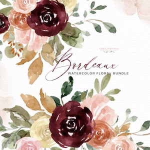Bourgondische aquarel bloemen clipart, herfstbloemen illustraties, rustieke pioenrozen rozen Marsala kastanjebruine perzik boeketten frame kransen naadloze patroon