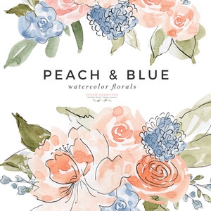 Clipart de flores azuis e pêssego, clipart floral em aquarela, gráficos de rosas de hortênsias primavera verão, quadro de guirlanda de borda floral png