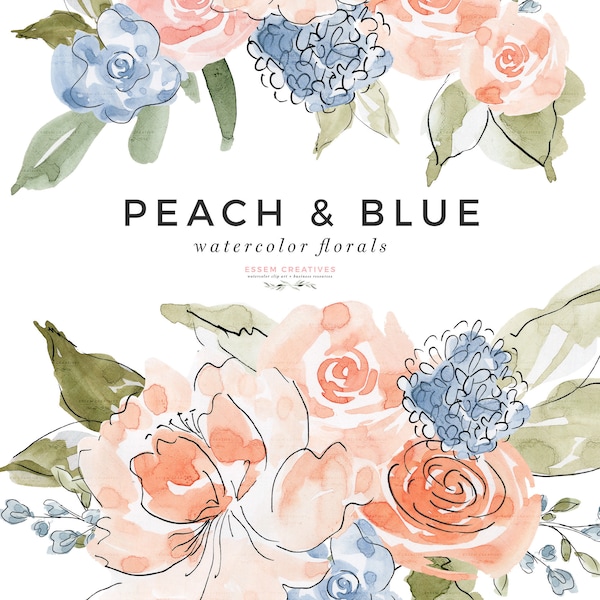 Peach and Blue Flowers Clipart, Watercolor Floral Clip Art, Spring Summer Hydrangea Roses Graphics, Floral Border Wreath Frame Clipart PNG