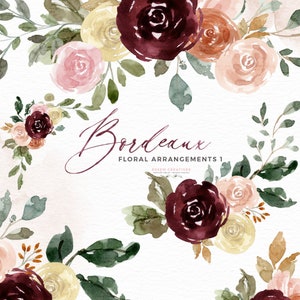 Kastanjebruine aquarel bloemen Clipart, Bourgondische herfst bloemen Clip Art, rustieke pioenrozen rozen Marsala perzik boeketten grenzen bruiloft Scrapbook PNG