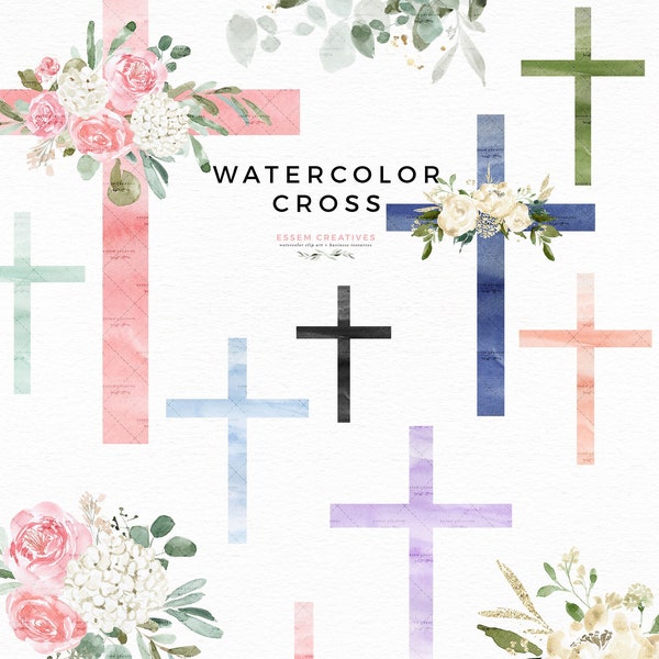 Watercolor Cross Clipart, Floral Cross Clipart, Easter Clipart, Sublimation PNG, Easter Graphics, Religious Church Clip Art, Christmas Art