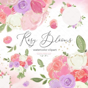 Clipart aquarelle florale rose et violet : Sparkling Rosy Blooms | Cadres, Bouquets Fichiers de sublimation Textures aquarelles Bordures de carte PNG