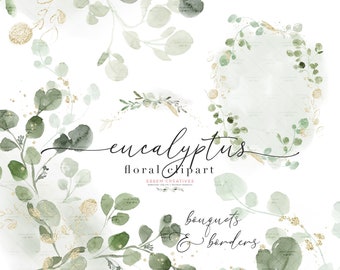Könnte beinhalten: Aquarell-Clipart mit Eukalyptusblättern und -zweigen mit goldenen Akzenten. Das Clipart enthält Blumensträuße und Bordüren, perfekt zum Erstellen von Einladungen, Karten und anderen Papierarbeiten.