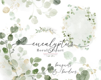 Watercolor Eucalyptus Clipart, Greenery Wreath Clipart, Eucalyptus Bouquet, Green Foliage Leaves Graphic Borders Sublimation Gold Accents