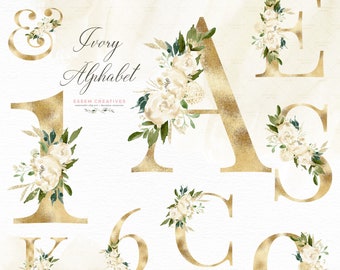 Gold Alphabet Clipart, White Floral Alphabet Clip art, Watercolor Flowers Alphabet Letters Digits Numbers Font Graphics Sublimation PNG