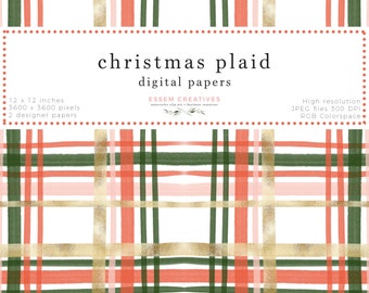 Christmas Plaid Pattern Digital Paper Seamless Repeat, Watercolor Tartan Print for scrapbooking, digital planning, Christmas card background
