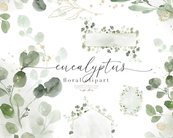 Watercolor Eucalyptus Clipart, Greenery Wreath Clipart, Eucalyptus Bouquet, Green Foliage Leaves Graphic Blue Green Leaves with Gold Accents