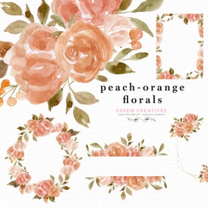 Clipart de couronne florale orange pêche, Boho Floral Frame Clip art, Aquarelle Fleurs Clipart, Bordure florale PNG, Automne rustique Floral numérique