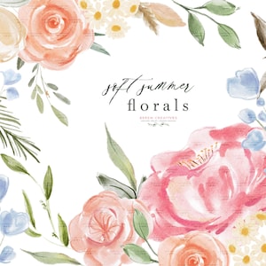 Clipart floreale estivo Boho Acquerello Fiore Clip art Pesca Rosa Rosa Crema Blu Peonia Foglia verde Eucalipto PNG con sfondo trasparente