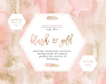 Blush and Gold Watercolor Wedding Invitation Clipart Backgrounds, Nursery Wall Art, Bridal Shower Party Invites, Splash Splatter Logo Brand
